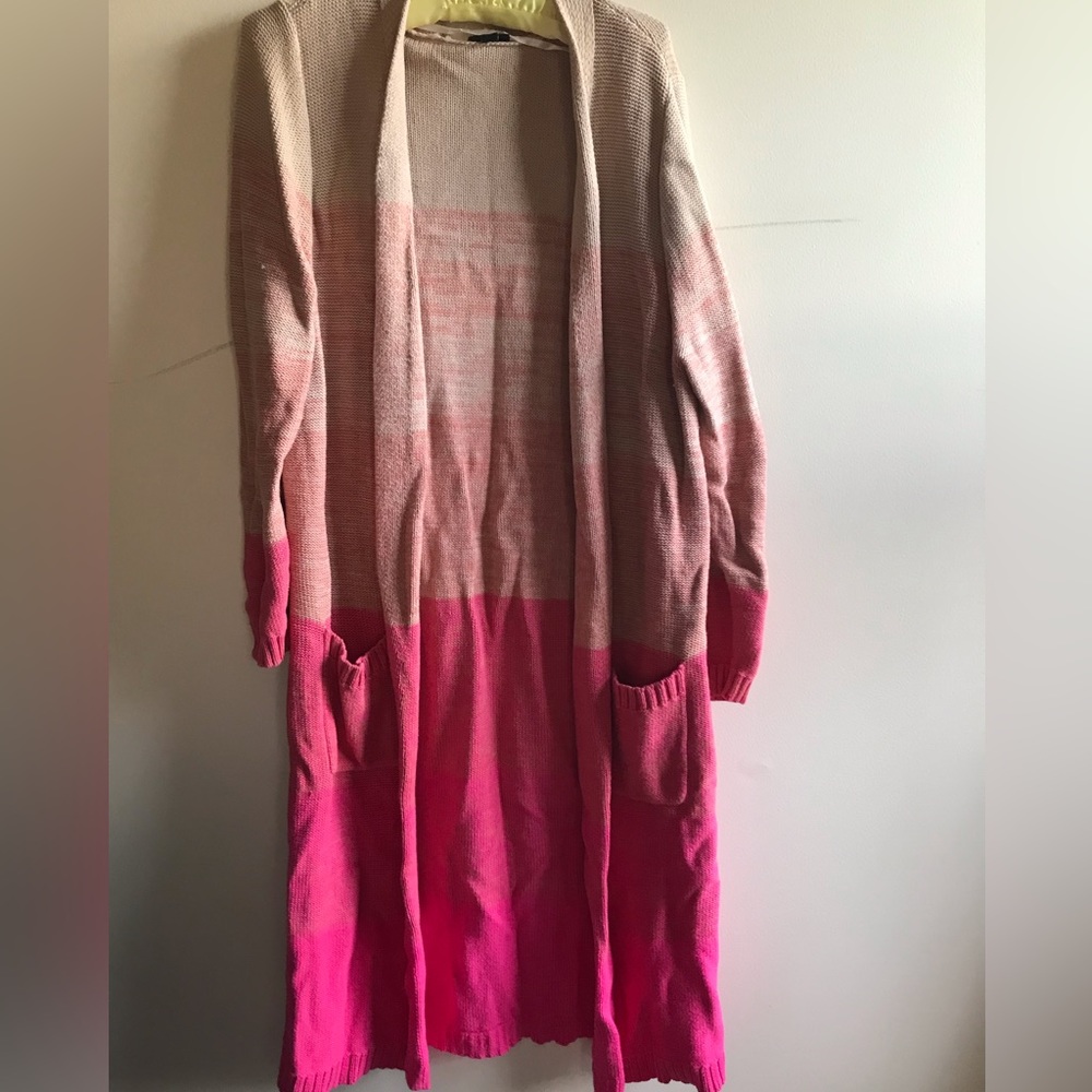 Pink ombré open front long cardigan with pockets